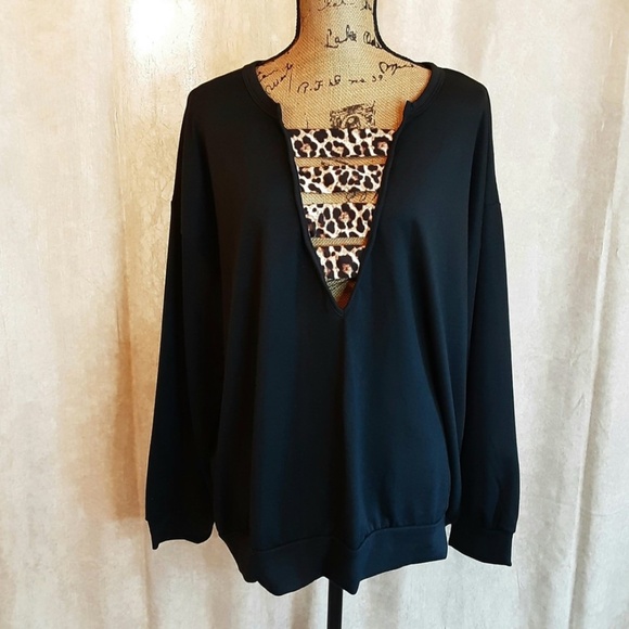 BiBi Long Sleeve Jersey Knit Top Black, Leopard Trim V-neck Size M - NWT - Picture 1 of 10